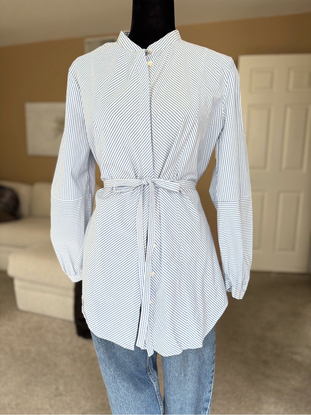 Ann Taylor Striped Tie-Waist Button Front Women’s Top - Light Blue & White